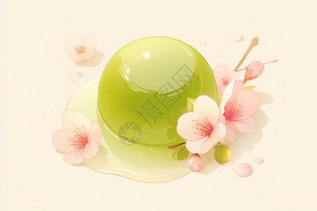 点缀装饰绿色甜点上装饰着粉色花朵插画