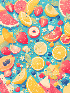 柑橘柠檬缤纷的水果盛宴在桌面插画