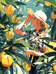 橘子树正在采橘子的女子插画