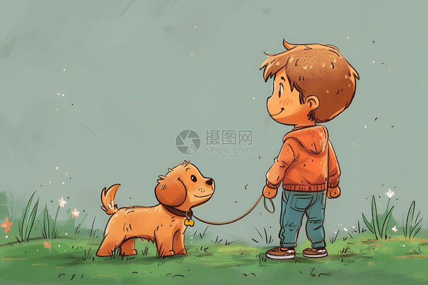 小男孩牵着狗在草地上嬉戏图片
