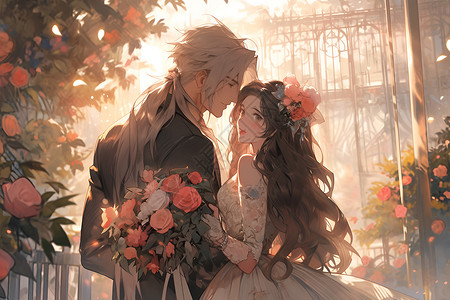 花朵中依偎的情侣背景图片
