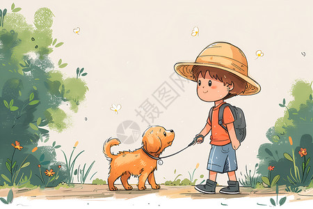 少年遛狗可爱卡通少年高清图片
