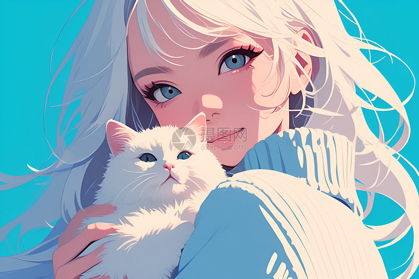 怀抱白猫微笑的女子图片
