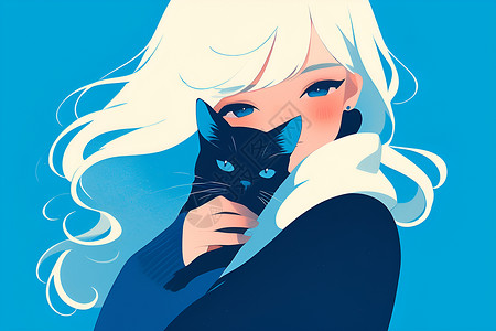 抱着菊花的女孩白发女孩抱着黑猫插画