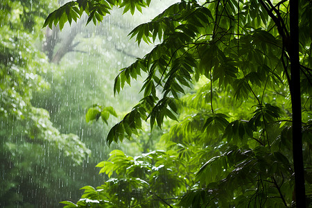 树木丛林雨中世界背景