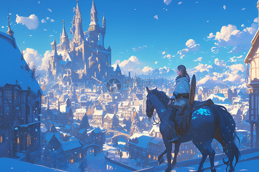 雪中小城里的骑士图片