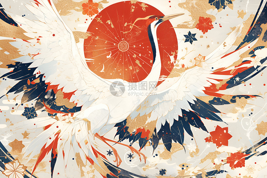 红冠鹤翱翔于太阳下图片