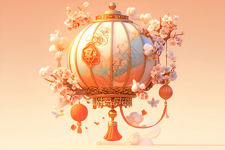 中式灯具灯笼上的花鸟图案插画