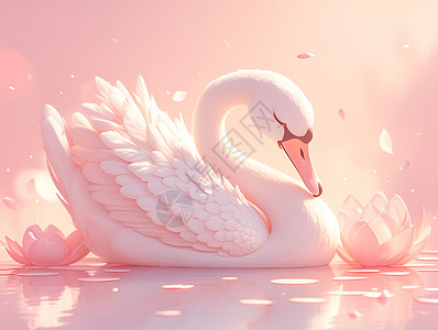 富士山与白天鹅白天鹅与粉色花朵相伴插画