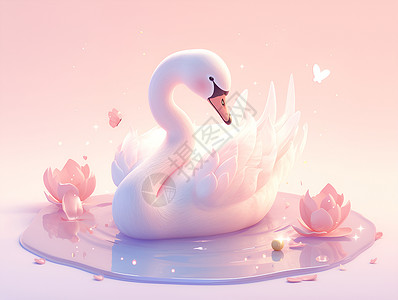 粉插画粉花湖上的白天鹅插画