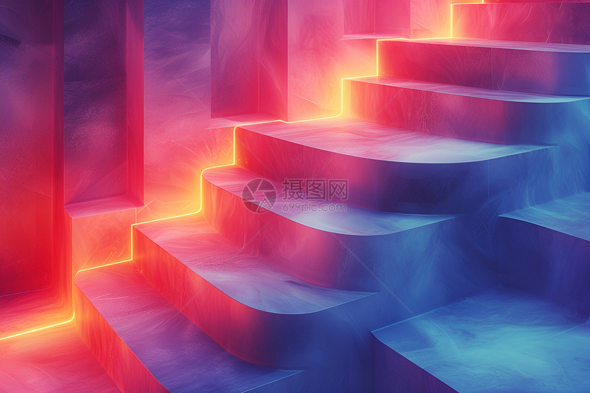 异形楼梯衬托下的霓虹之光图片