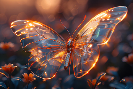 空间光线夺目的光线中展翅的蝴蝶插画