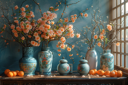 花瓶和桌子木桌上的花束和水果插画