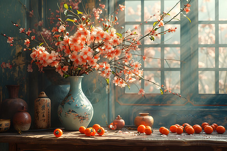 花瓶和桌子房间内的花束和水果插画