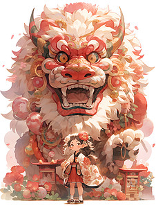 卡通女孩和狮子头背景图片