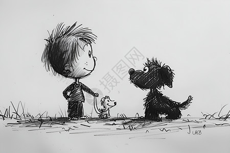 散步卡通草地上散步的男孩和狗插画