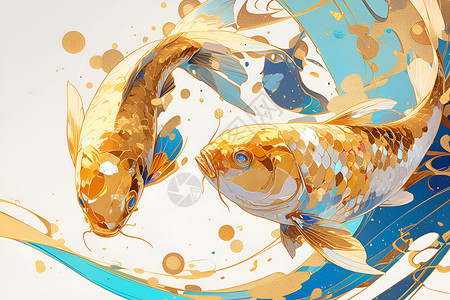 金色发光波纹水波里金色游鱼插画