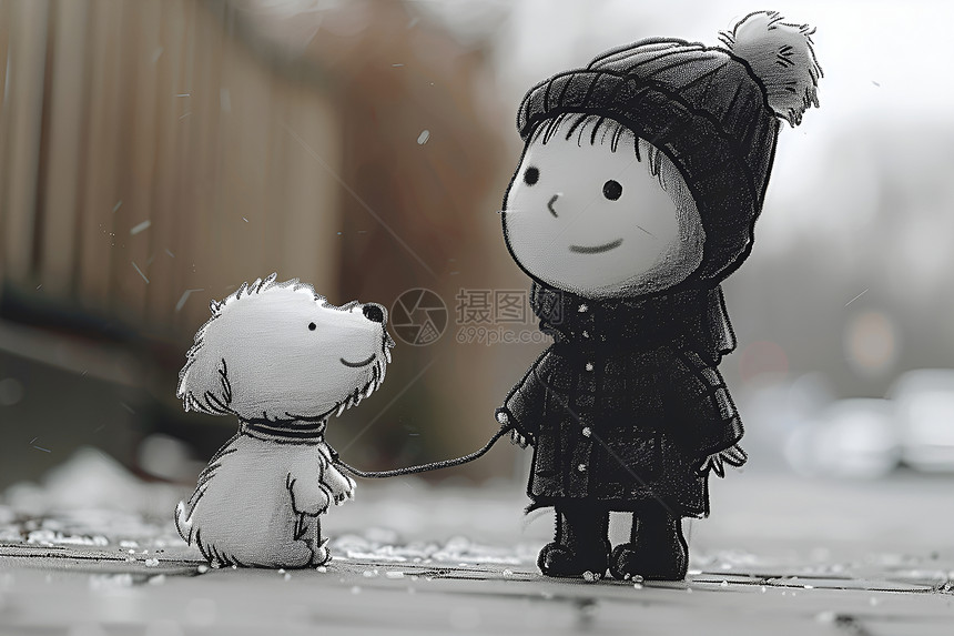 小男孩牵着狗在雪地中行走图片