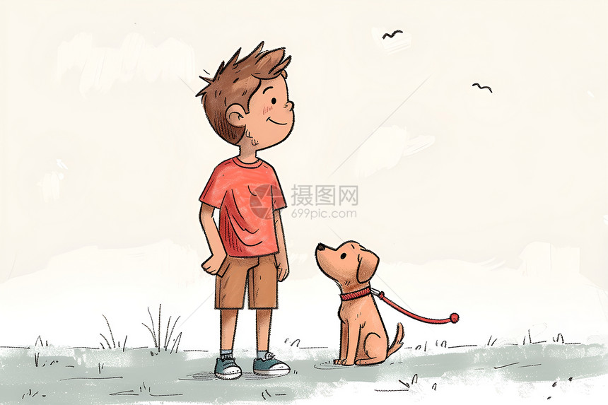 男孩带着他的狗在草地上散步图片