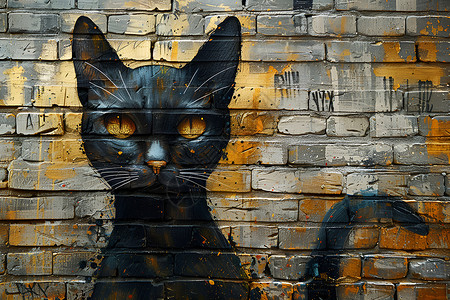 砖墙上的黑猫涂鸦背景图片