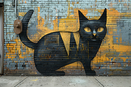 砖墙上的黑猫背景图片
