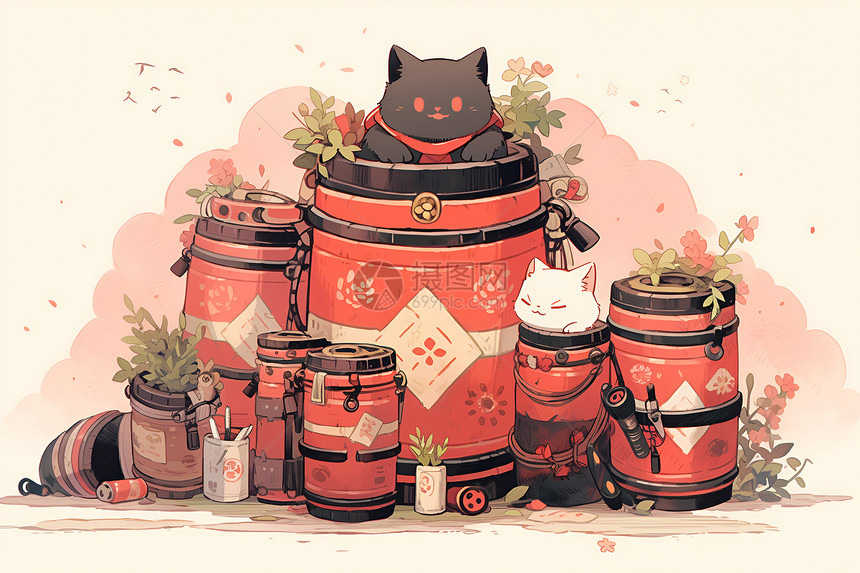 红桶上的猫图片