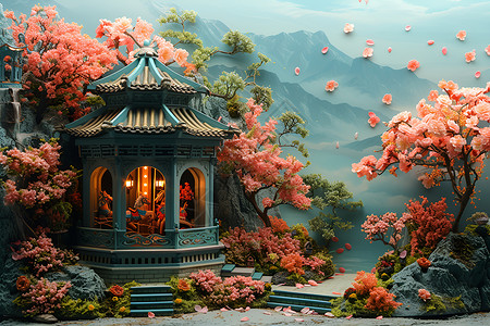 中国风花卉剪纸仙境花园的亭子设计图片