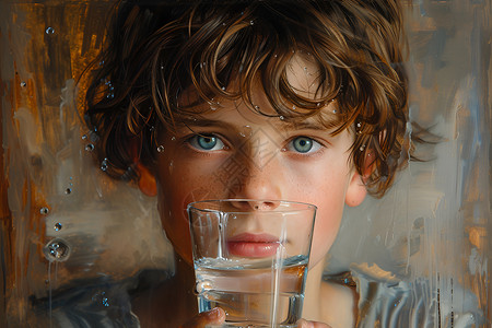玻璃杯小男孩捧着一杯水插画