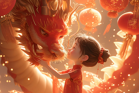 中国龙和小女孩背景图片