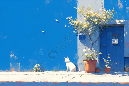 白色花盆墙角的一只白色猫咪插画