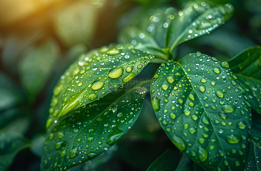 清新的绿叶上水滴的特写自然背景图片