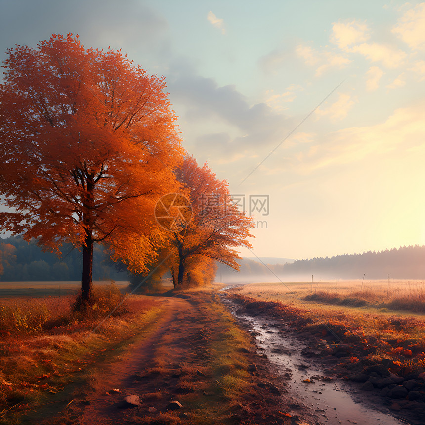 夕阳下的秋日道路图片