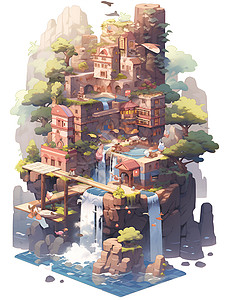 房子积木方块世界中的瀑布岛插画