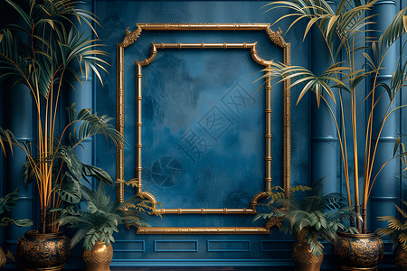 金竹环绕深蓝墙背景图片