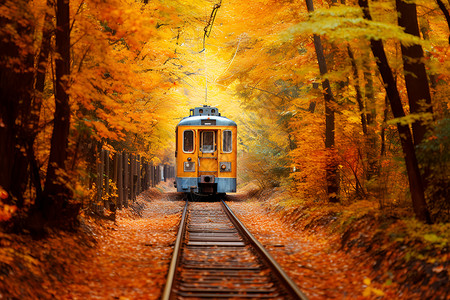 铁路公园火车穿越红叶满地的森林背景