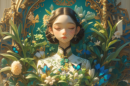 花卉中的少女背景图片