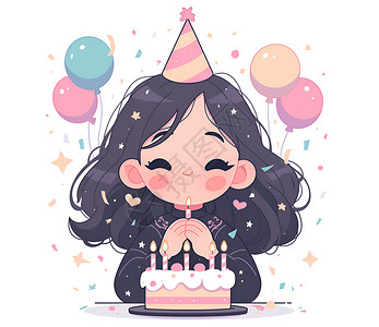 生日帽和仙女棒女孩生日蛋糕和气球插画