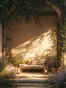 舒适座椅紫花树下的舒适庭院插画