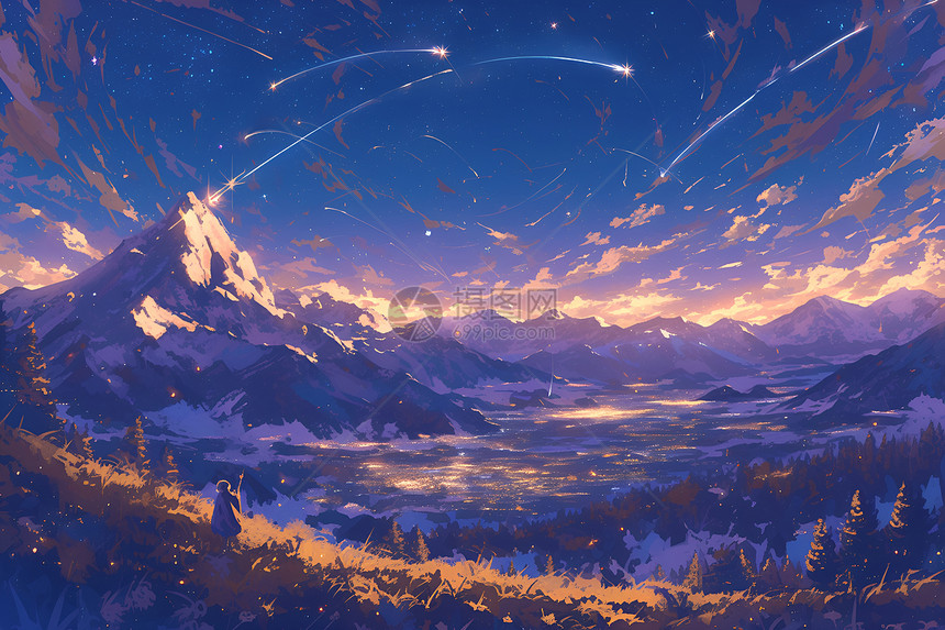 流星夜空下的山脉图片