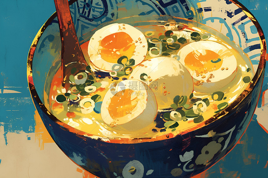 青花瓷碗中的汤羹图片
