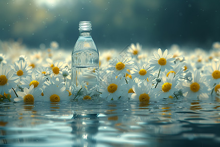 洋甘菊丛中的小水瓶背景图片