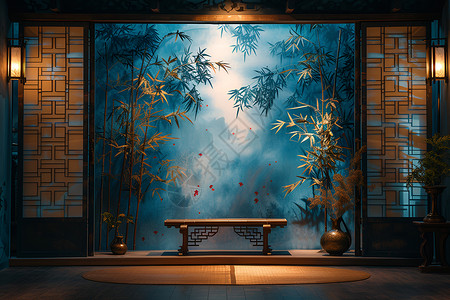 中国风极简竹子中国风背景的舞台设计图片