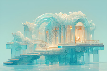 滨水平台水面上的建筑平台插画
