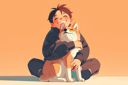 抱着桃子的男孩男孩抱着狗狗插画