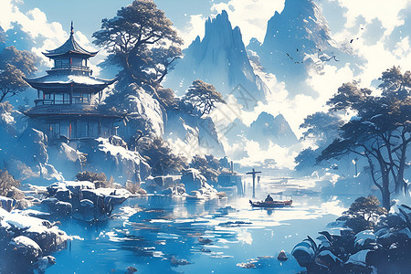 深山云雾深山古寺碧水流淌插画