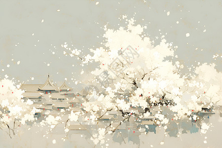 盛开的花树壁画背景图片