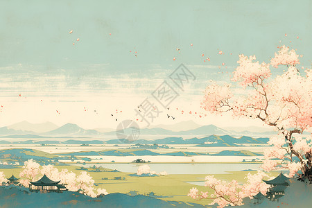 静谧的东方美景壁画背景图片