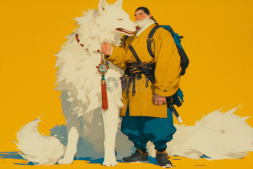 黄衣男子与白狗图片