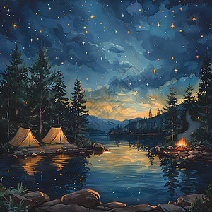 湖畔夜色夜色下的湖畔插画