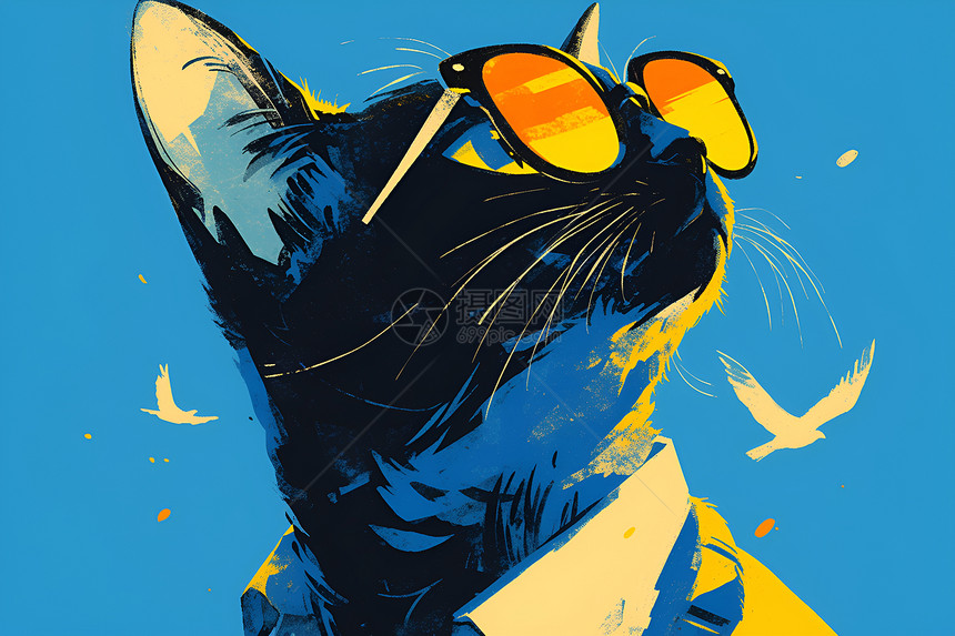 蓝色背景里戴着墨镜的猫咪图片